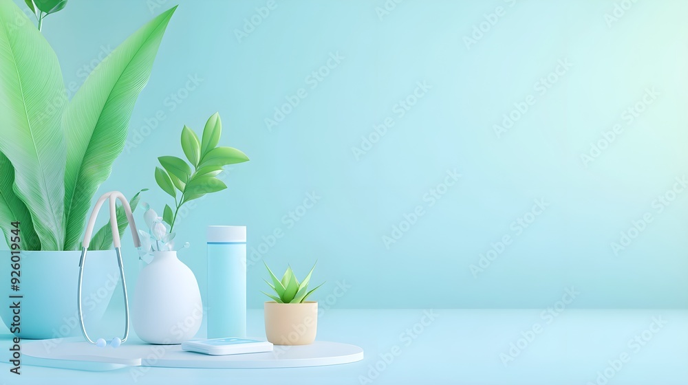 Minimalist Blue & Green Product Display with Plants Minimalist Blue & Green Product Display with Plants