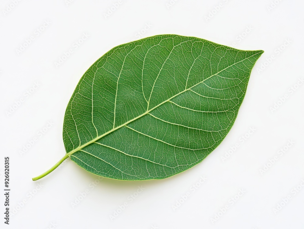 Close-Up of a Fresh Green Leaf with Detailed Veins on a White Background Close-Up of a Fresh Green Leaf with Detailed Veins on a White Background