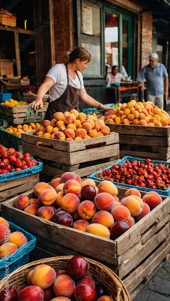 A bustling market stall overflowing with summer fruits A bustling market stall overflowing with summer fruits