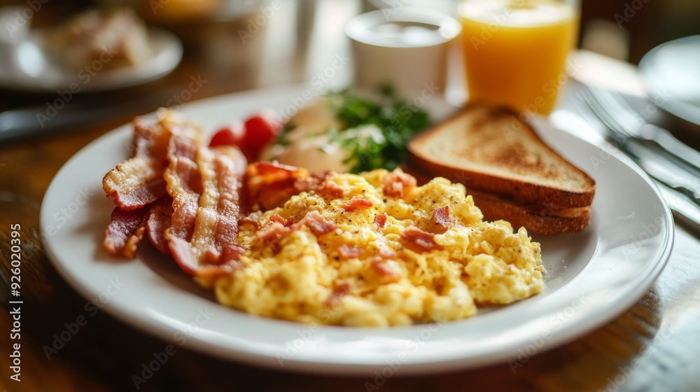 a breakfast platter featuring scrambled eggs a breakfast platter featuring scrambled eggs