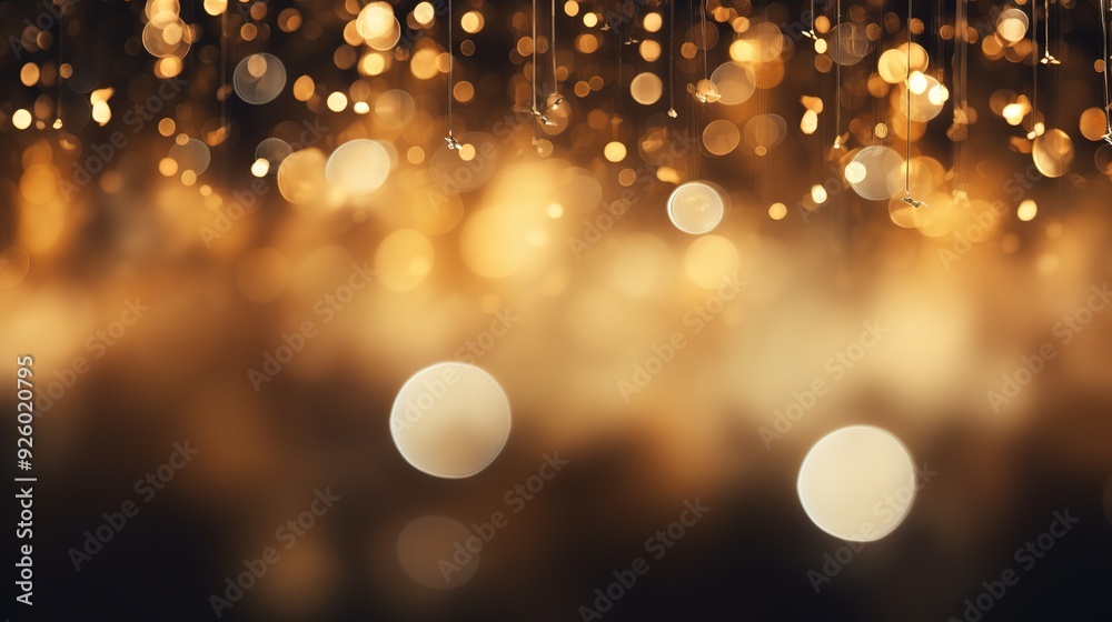 Abstract blurred background with golden bokeh lights.