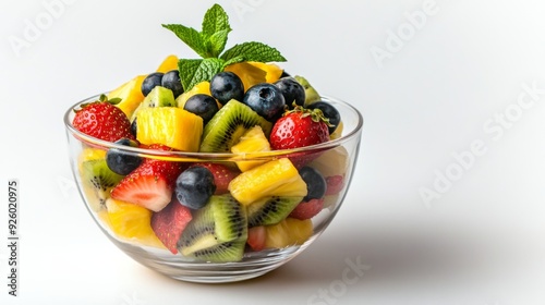 a colorful fruit salad in a glass bowl