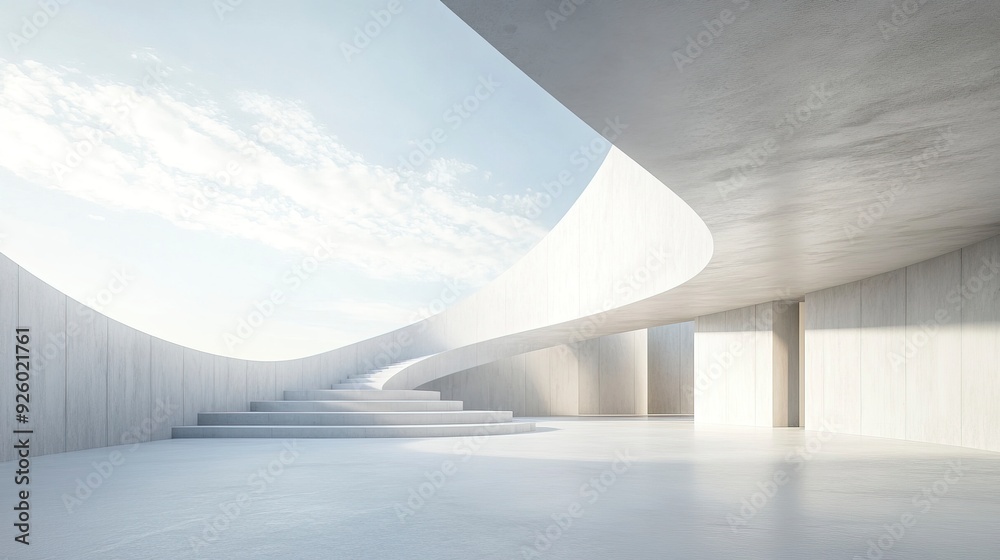 Empty minimal abstract architecture building interior or exterior concrete design with open space floor courtyard white showcase area and curved walls. Generative ai Empty minimal abstract architecture building interior or exterior concrete design with open space floor courtyard white showcase area and curved walls. Generative ai