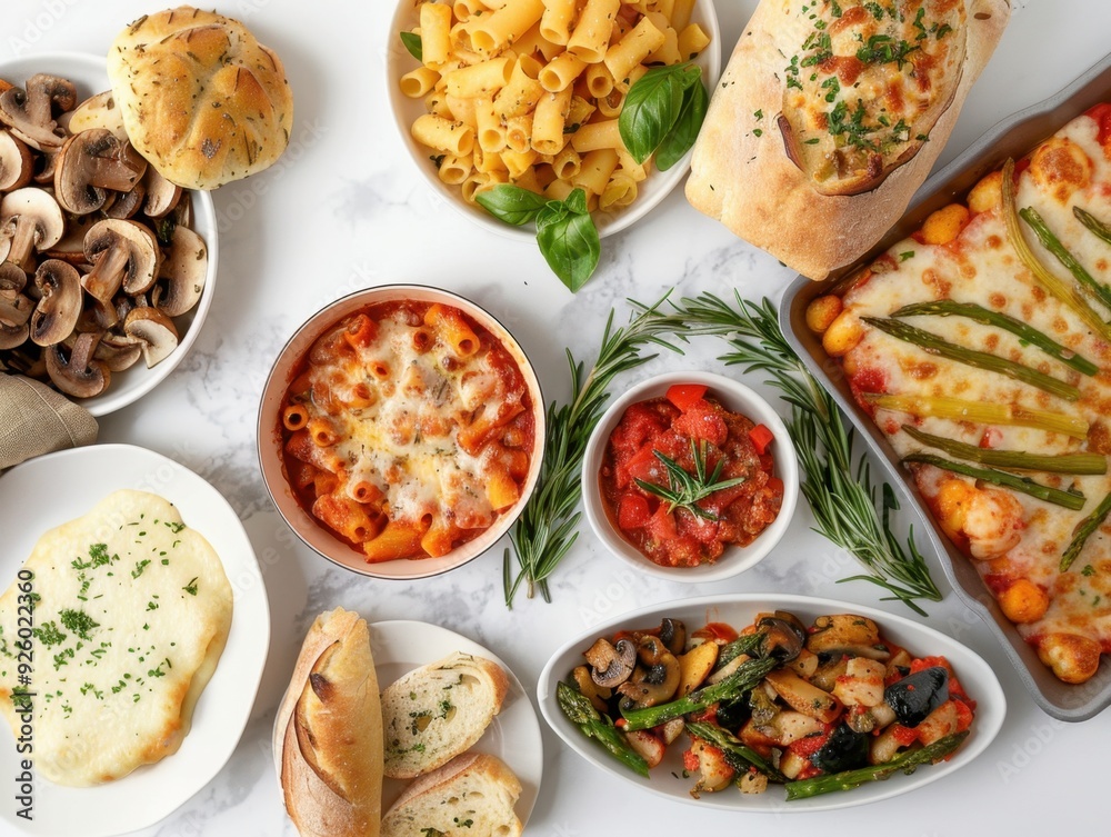 A variety of Italian dishes including pasta, bread, and vegetables arranged on a table. A variety of Italian dishes including pasta, bread, and vegetables arranged on a table.