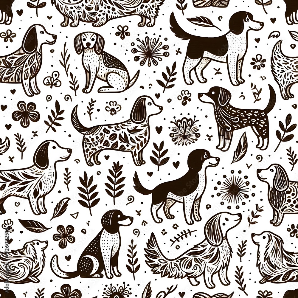 Seamless Pattern with Cute Dogs and Floral Elements Seamless Pattern with Cute Dogs and Floral Elements