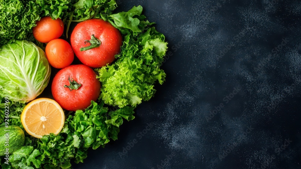 Vibrant assortment of fresh vegetables and fruits on a dark background, perfect for healthy living, cooking, or vegetarian themes. Vibrant assortment of fresh vegetables and fruits on a dark background, perfect for healthy living, cooking, or vegetarian themes.