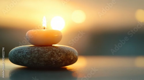 Tranquil Candle on Stone at Sunset - Serene Meditation and Relaxation Concept with Warm Golden Light photo