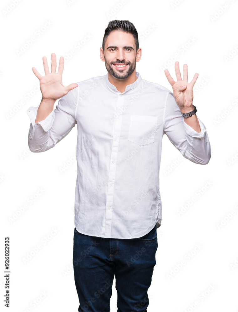 Young business man over isolated background showing and pointing up with fingers number nine while smiling confident and happy. Young business man over isolated background showing and pointing up with fingers number nine while smiling confident and happy.