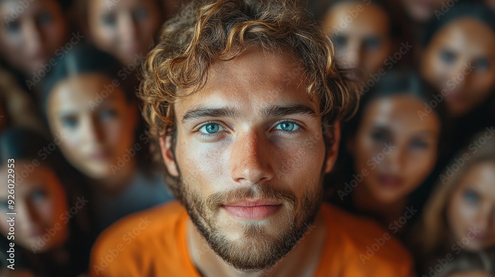 A young man captures attention with his bright blue eyes amidst a crowd, expressing uniqueness and charisma during a lively gathering