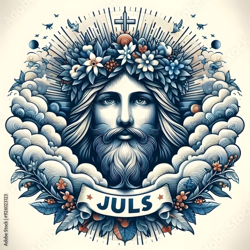 Man with a crown of flowers and the word 