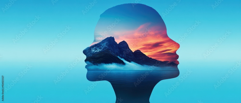 Double Exposure Silhouette of Human Head with Mountain Landscape and Vibrant Sunset Sky Double Exposure Silhouette of Human Head with Mountain Landscape and Vibrant Sunset Sky