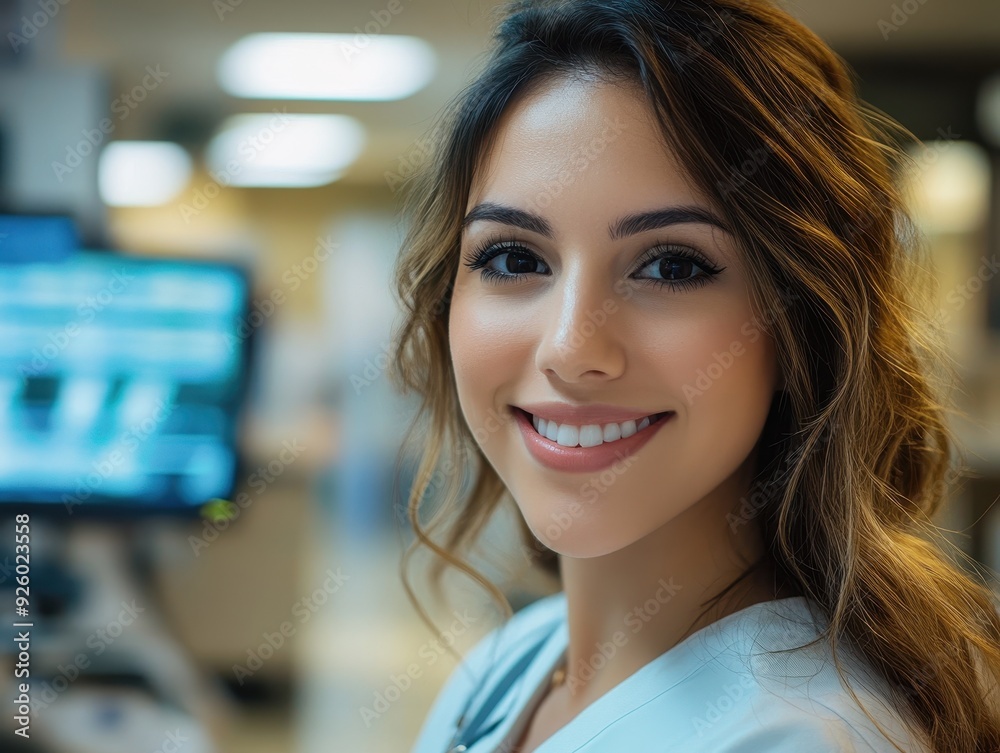 Smiling Young Woman in a Modern Office Setting with Computer Screens in the Background