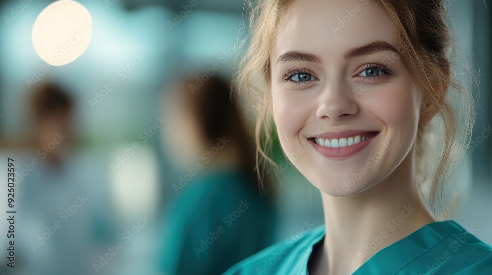 Fototapeta premium Smiling Female Medical Professional in Scrubs at Modern Healthcare Facility