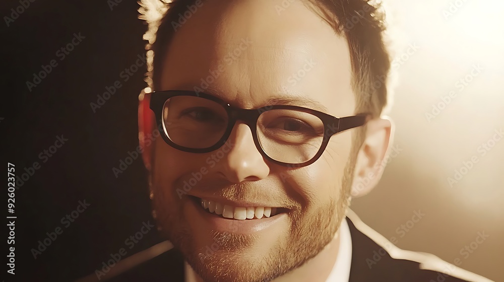 A smiling Caucasian male wearing glasses, exuding warmth and confidence with a softly illuminated background, perfect for professional or creative narratives. A smiling Caucasian male wearing glasses, exuding warmth and confidence with a softly illuminated background, perfect for professional or creative narratives.