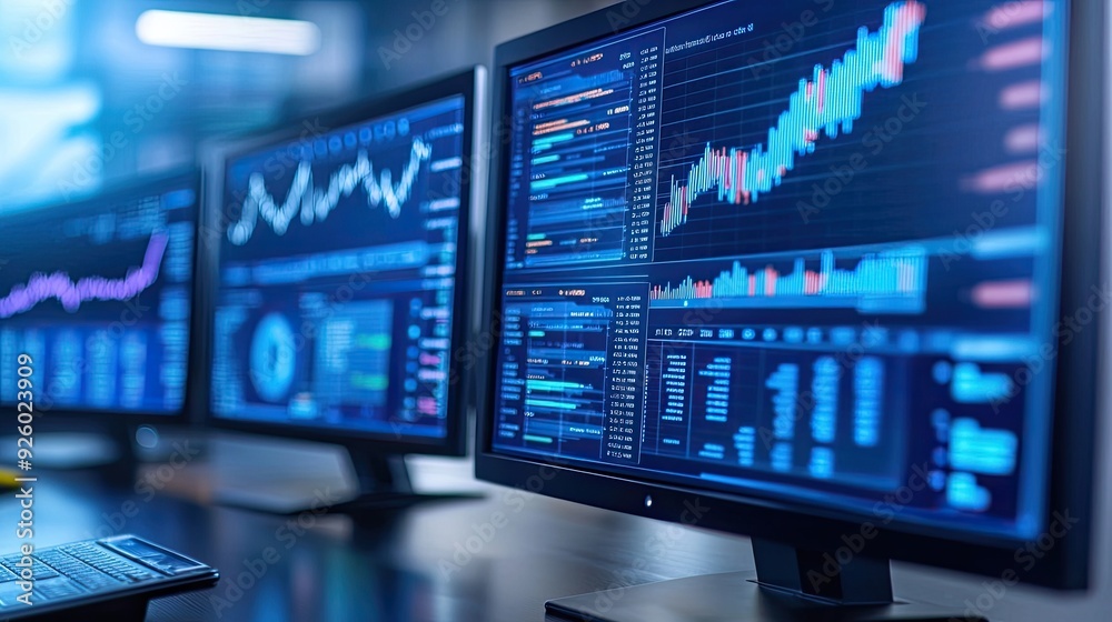 Computer monitors display stock data. This photo can be used to illustrate articles about finance, trading, and the stock market. Computer monitors display stock data. This photo can be used to illustrate articles about finance, trading, and the stock market.