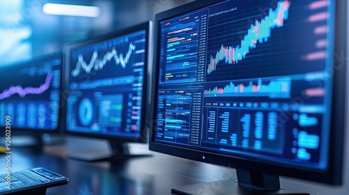 Wallpaper Mural Computer monitors display stock data. This photo can be used to illustrate articles about finance, trading, and the stock market. Torontodigital.ca