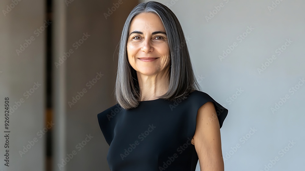 A confident middle-aged Hispanic woman with long, straight gray hair, wearing a stylish black dress, smiles warmly against a neutral background, exuding elegance. A confident middle-aged Hispanic woman with long, straight gray hair, wearing a stylish black dress, smiles warmly against a neutral background, exuding elegance.