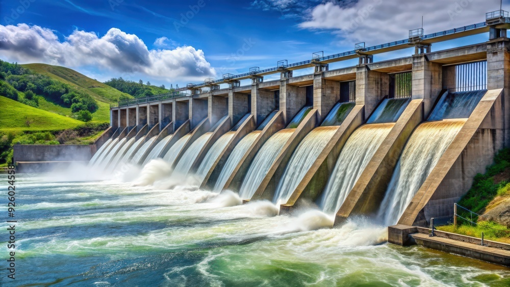 Hydroelectric dam generating clean energy from flowing water, renewable energy Hydroelectric dam generating clean energy from flowing water, renewable energy