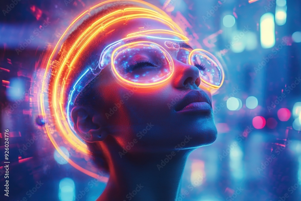 Neon Thoughts - Close up of Person with Glowing Halo in Futuristic Mind Concept, Surreal Blend in Neon-lit City Background Neon Thoughts - Close up of Person with Glowing Halo in Futuristic Mind Concept, Surreal Blend in Neon-lit City Background