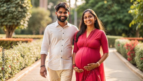  happy asian indian pregnant woman with her husband photo