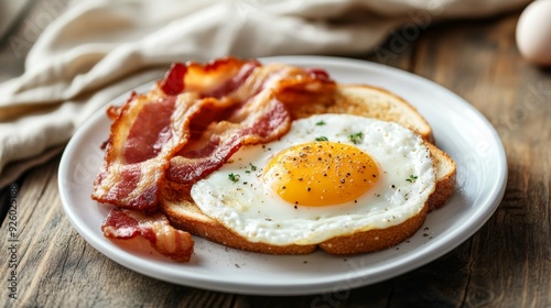 a perfectly cooked sunny side up egg with crispy bacon photo