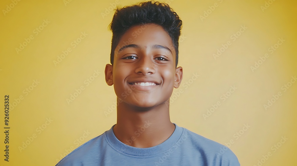 Smiling South Asian boy with curly hair against a bright yellow background, radiating positivity and youthfulness in a casual style. Smiling South Asian boy with curly hair against a bright yellow background, radiating positivity and youthfulness in a casual style.