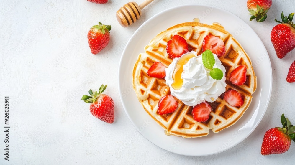 a plate of fluffy waffles topped with fresh strawberry a plate of fluffy waffles topped with fresh strawberry
