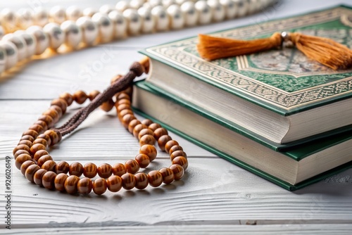 Soothing Islamic background with ample copy space, featuring prayer beads, misbaha, and a crisp white Quran on a clean, minimalist background, evoking spirituality and serenity. photo