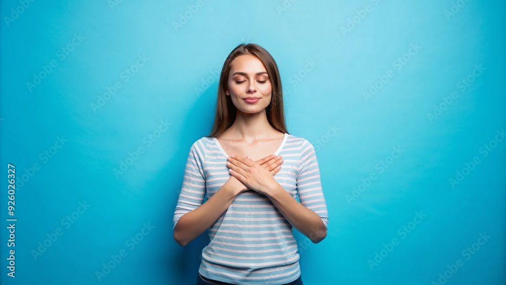 Serenely smiling young woman stands isolated on a calming blue background, embracing inner peace with hands on chest, exuding gratitude and mental balance.