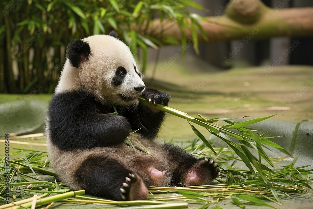 Obraz premium cute baby Panda eats bamboo