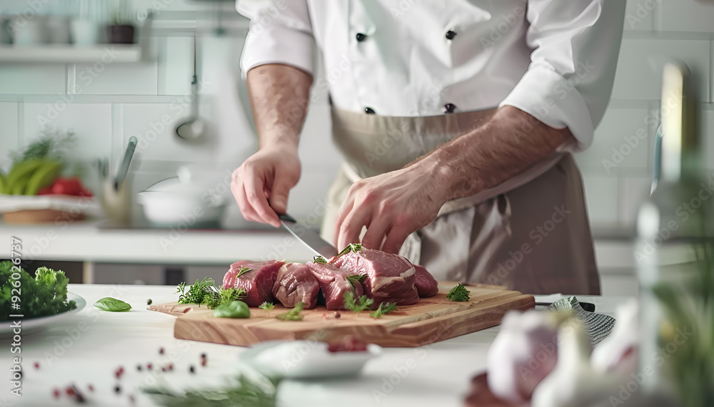 Chef cooking meat on wooden board on white table over white kitchen Chef cooking meat on wooden board on white table over white kitchen
