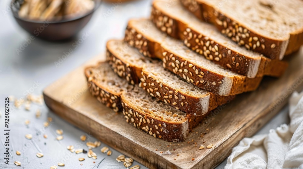 Slices of whole grain bread arranged neatly on a cutting board, highlighting the texture and wholesome ingredients. Slices of whole grain bread arranged neatly on a cutting board, highlighting the texture and wholesome ingredients.