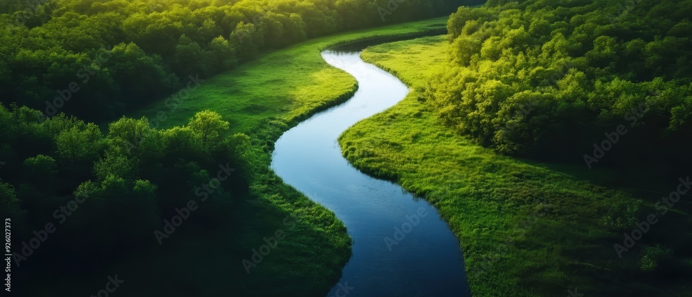 Serene Aerial View of a Meandering River Through Lush Green Forest at Sunrise Serene Aerial View of a Meandering River Through Lush Green Forest at Sunrise