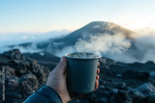 Forced Perspective Photography, a person holding a cup, with the steam from a distant volcano perfectly aligned to look like it's coming out of the cup photo