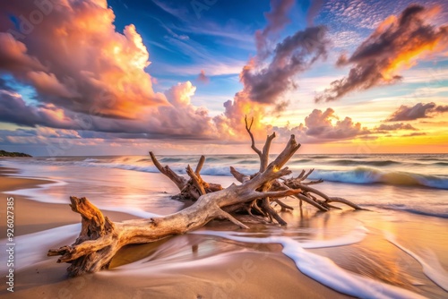 luminous, dreamlike scenarios of wind-swept beaches, weathered driftwood, and soft peach hues, encapsulating the serenity of coastal landscapes photo