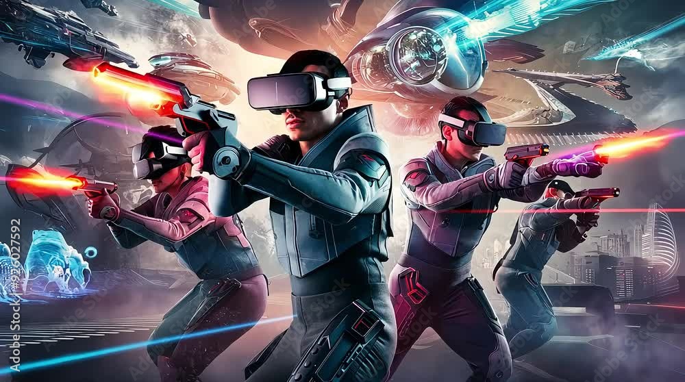 Futuristic gaming scene with players using holographic weapons in VR Futuristic gaming scene with players using holographic weapons in VR