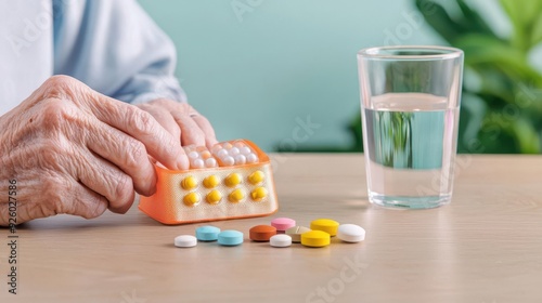 A close-up of an elderly person taking medication, with a pill organizer and a glass of water on a table, representing the daily routine of managing multiple chronic conditions photo