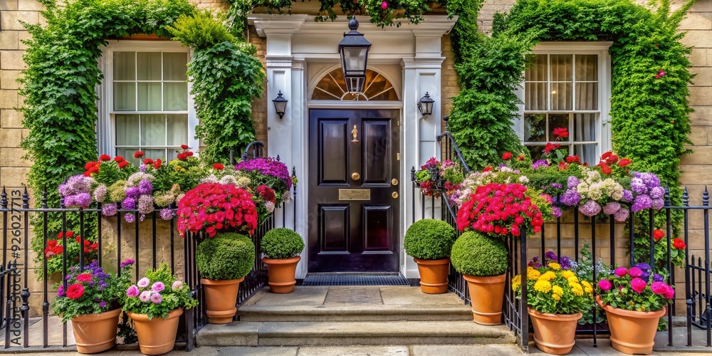 Fototapeta premium Elegant door entrance adorned with vibrant flowers in a luxurious periodic building in Chelsea, London, exuding opulence and sophistication in this upscale neighborhood.