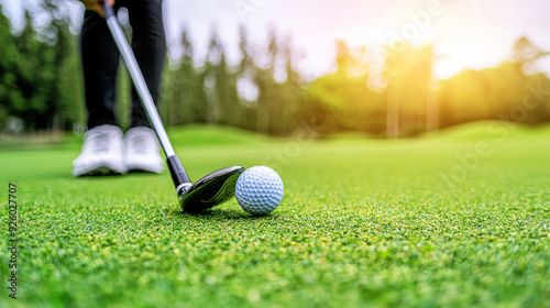 Wallpaper Mural A person is playing golf and has just hit a ball with a golf club. The ball is lying on the grass, and the person is standing behind it Torontodigital.ca