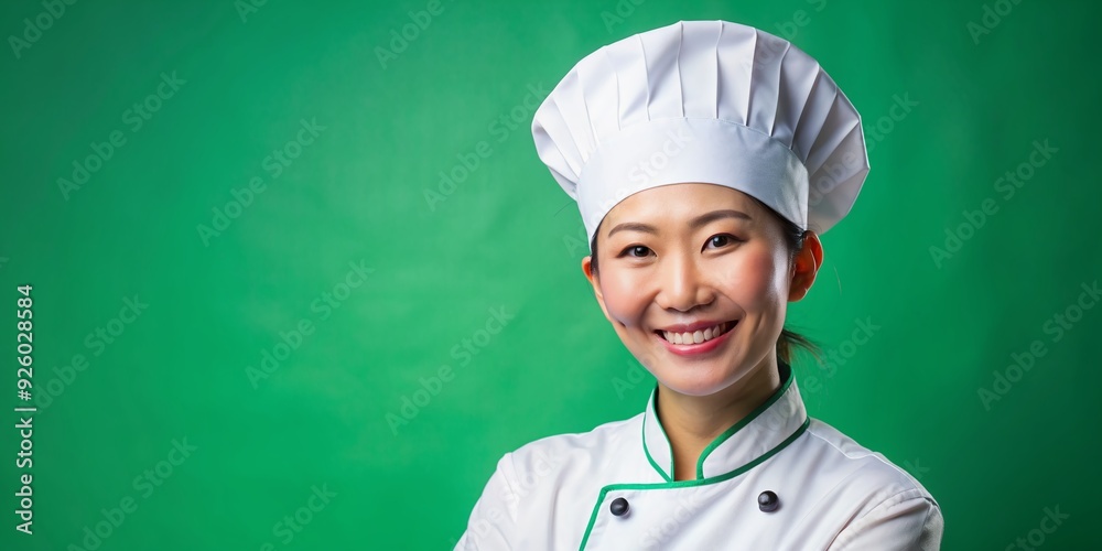 Happy Asian woman chef beams with pride against vibrant green backdrop, plenty of copy space for text, perfect for food, cooking, and culinary project advertisements. Happy Asian woman chef beams with pride against vibrant green backdrop, plenty of copy space for text, perfect for food, cooking, and culinary project advertisements.
