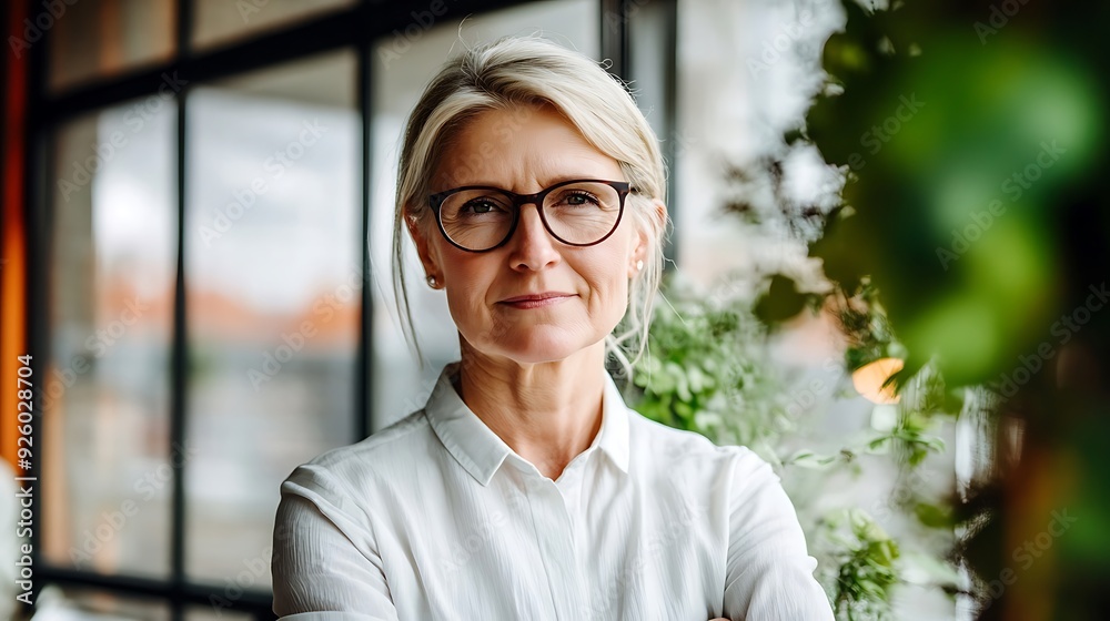 Obraz premium Confident middle-aged Caucasian woman with glasses, standing with crossed arms in a bright, modern space filled with greenery, exuding professionalism and poise.