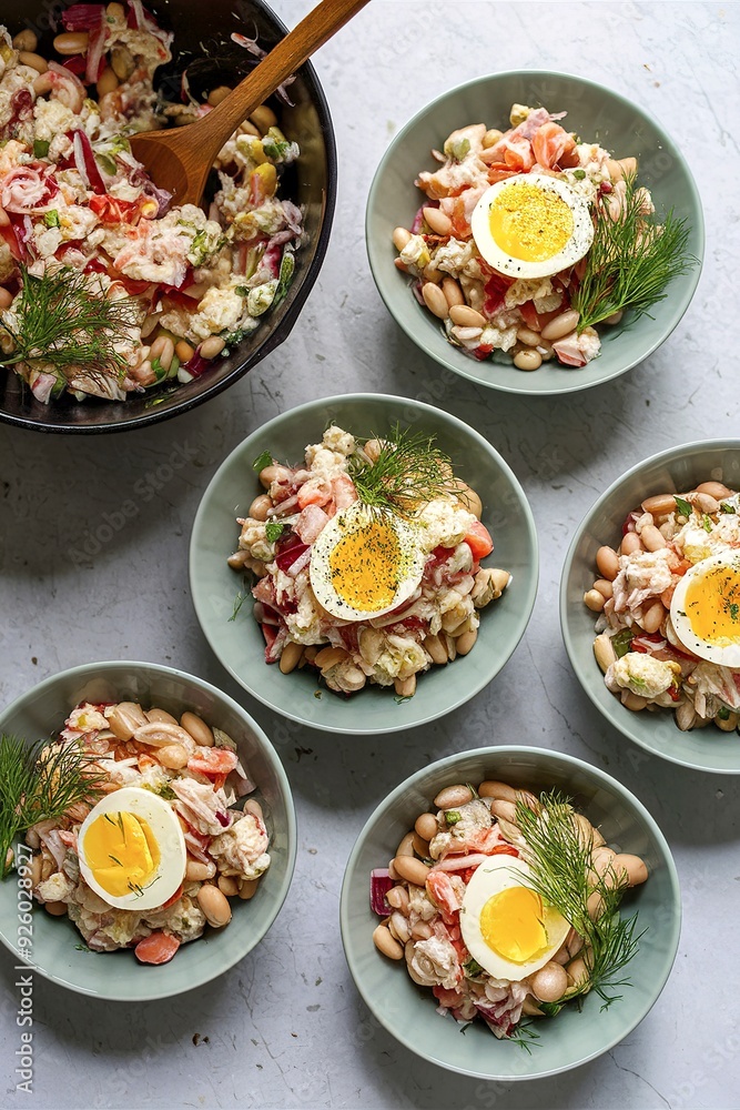 bean salad, crab meat, eggs and dill in dishes bean salad, crab meat, eggs and dill in dishes