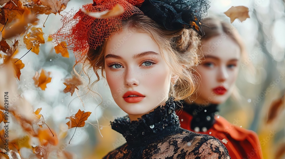 A fashion show set in an autumn park, with models wearing elegant fall clothing and leaves gently floating down around them A fashion show set in an autumn park, with models wearing elegant fall clothing and leaves gently floating down around them
