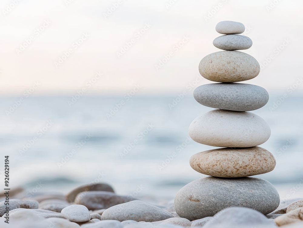 Balanced Stack of Smooth Stones on a Pebble Beach with Calm Ocean in the Background Balanced Stack of Smooth Stones on a Pebble Beach with Calm Ocean in the Background