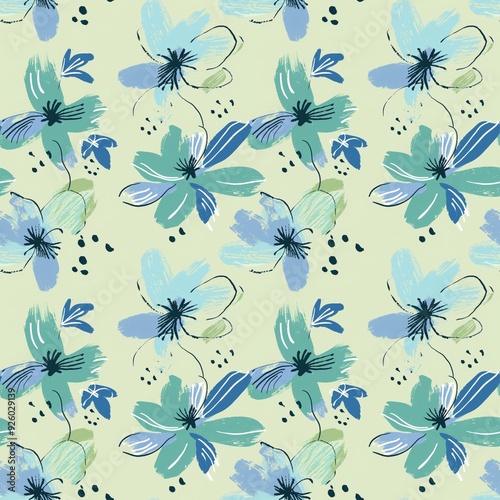 floral pattern, brush strokes, light green and blue color palette, simple shapes, large flowers, hand-drawn illustration