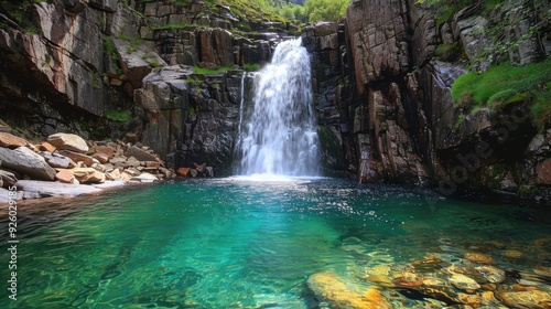 Stunning waterfall cascading into a crystal-clear pool.