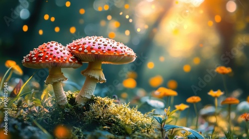 Two red mushrooms with white dots in a green forest. This photo is perfect for illustrating fairy tales, fantasy, or any nature-themed project.