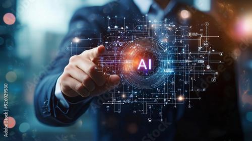 AI (Artificial Intelligence) concept Businessman in suit working with AI to improve the development of his company or business. Help of technology, online tools, AI Chat, generate images