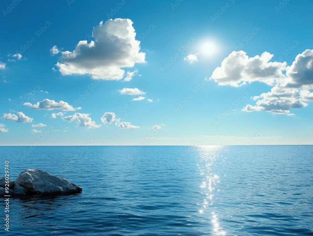 Obraz premium Tranquil Ocean View with Clear Blue Sky and Sunlight Reflections on Water