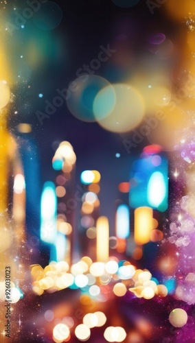 Blur view of the city night view bokeh with skyscrapers night lights. urban life for creative concept. Blurry cityscape at night time in purple and yellow